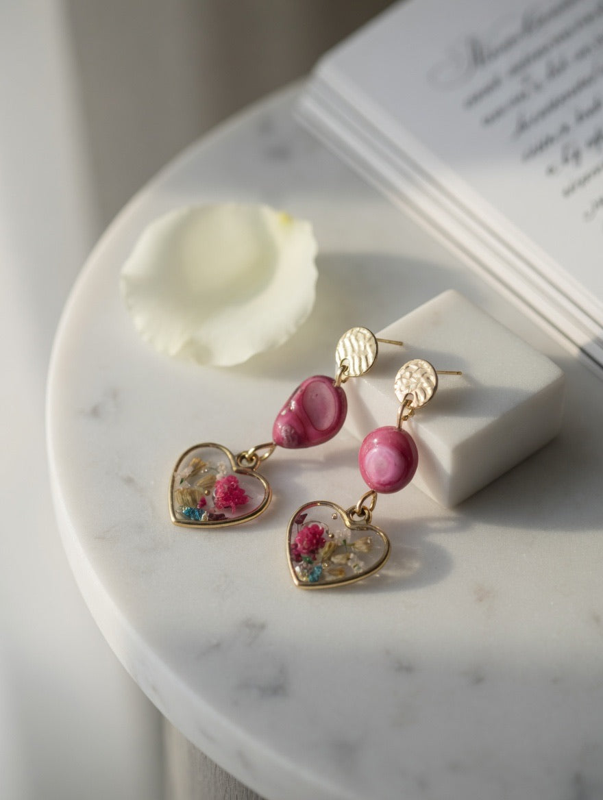 Earrings with Real Dried Flowers & Freshwater Pearls