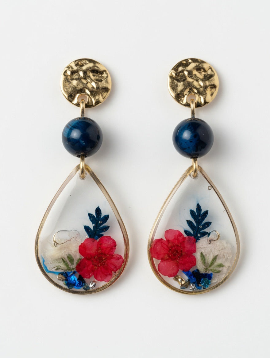 Earrings with Real Dried Flowers & Blue Tiger Eye