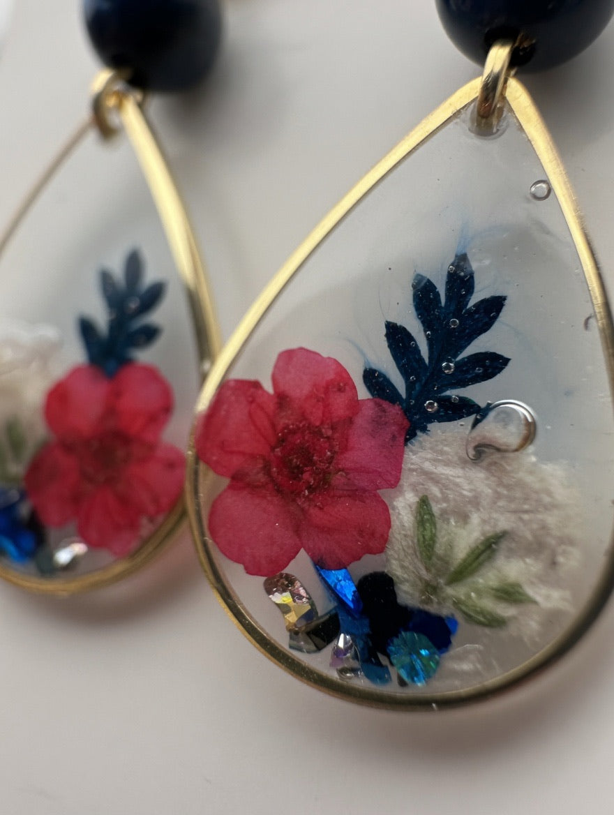 Earrings with Real Dried Flowers & Blue Tiger Eye