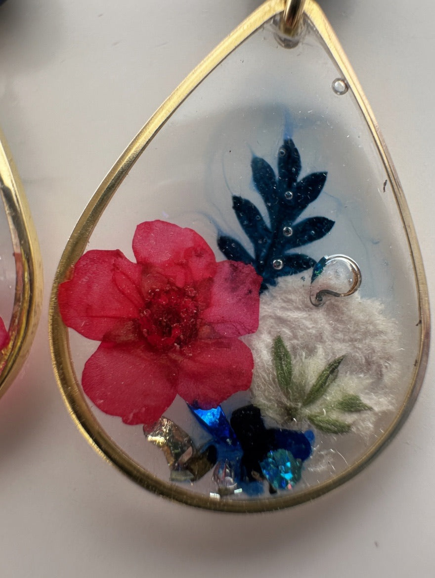 Earrings with Real Dried Flowers & Blue Tiger Eye