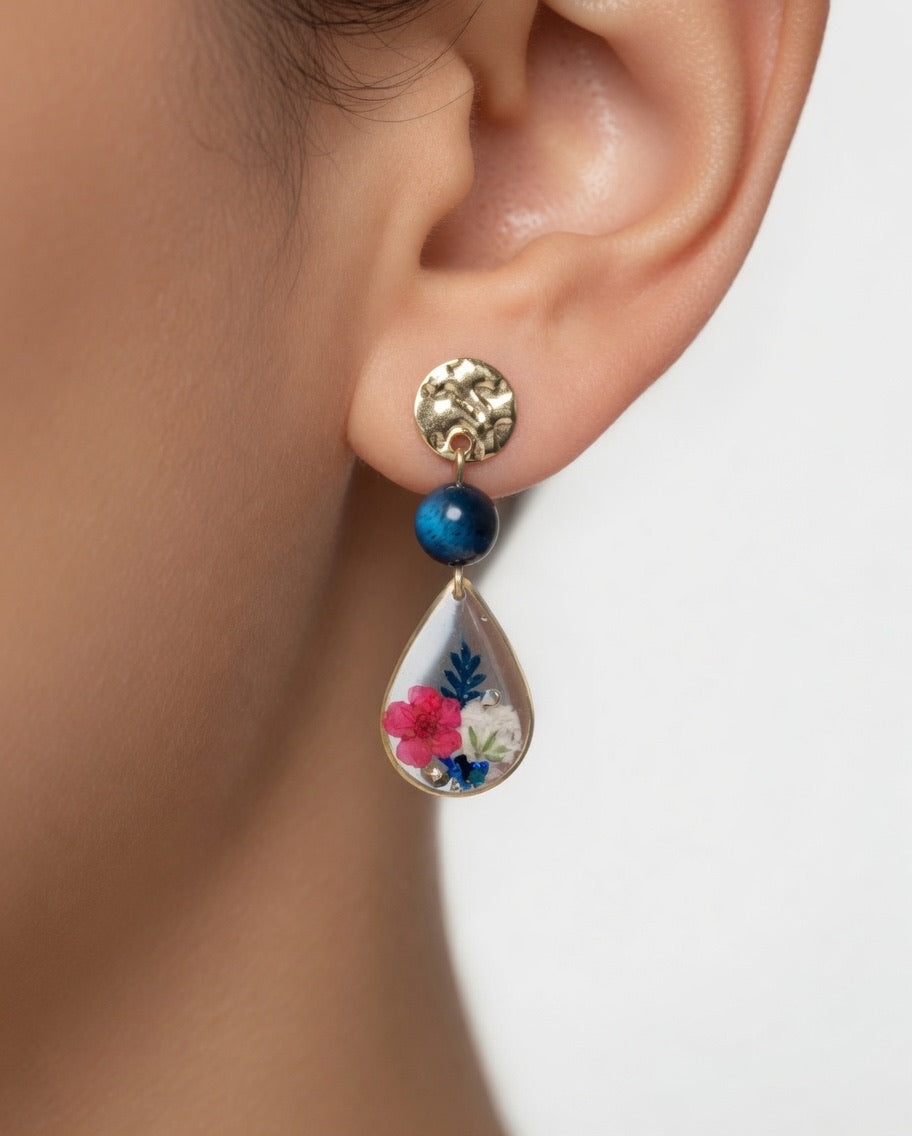 Earrings with Real Dried Flowers & Blue Tiger Eye