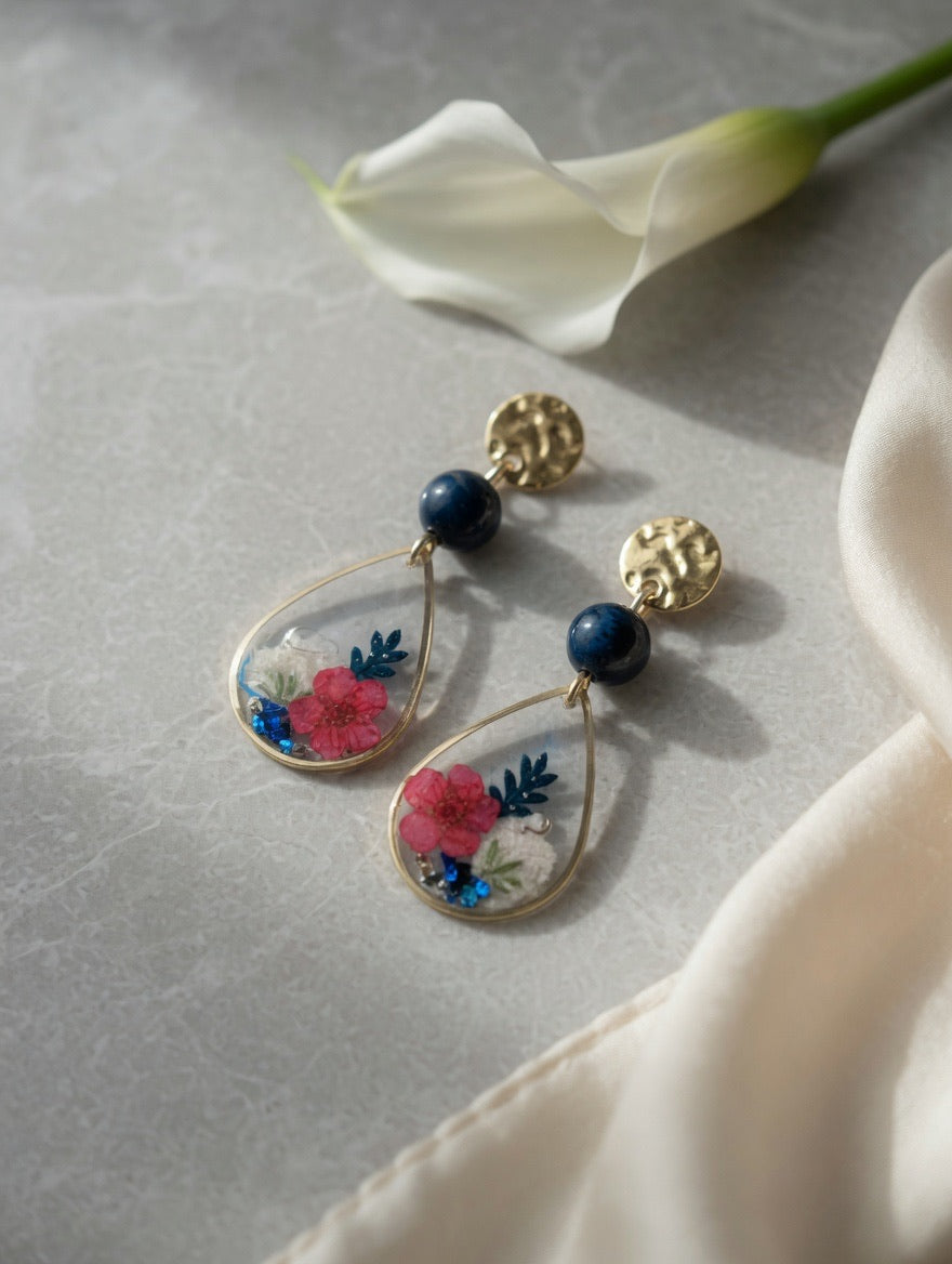 Earrings with Real Dried Flowers & Blue Tiger Eye