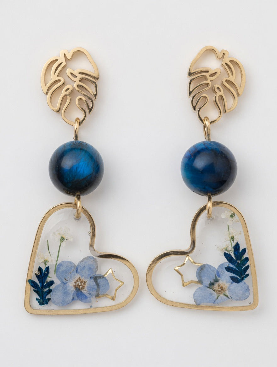 Earrings with Real Dried Flowers & Blue Tiger Eye
