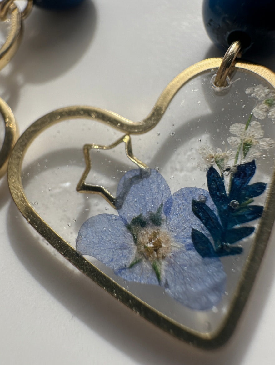 Earrings with Real Dried Flowers & Blue Tiger Eye