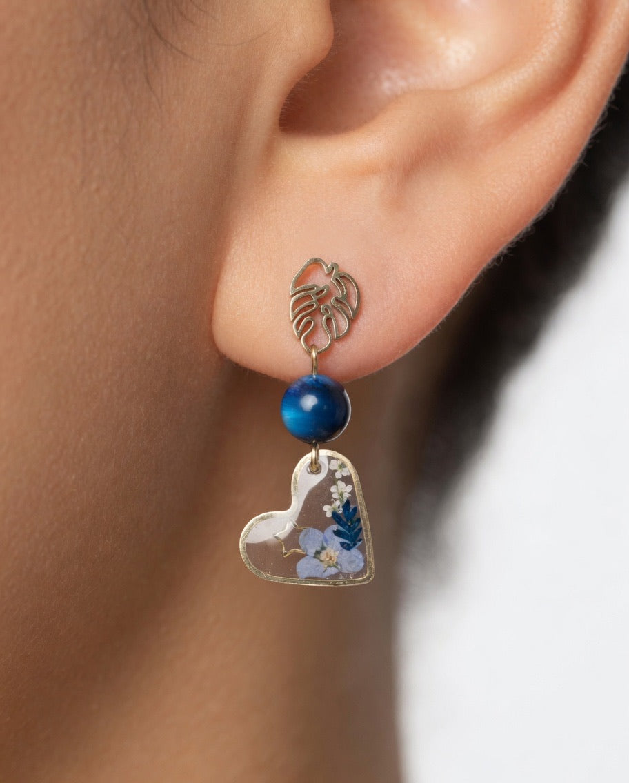 Earrings with Real Dried Flowers & Blue Tiger Eye